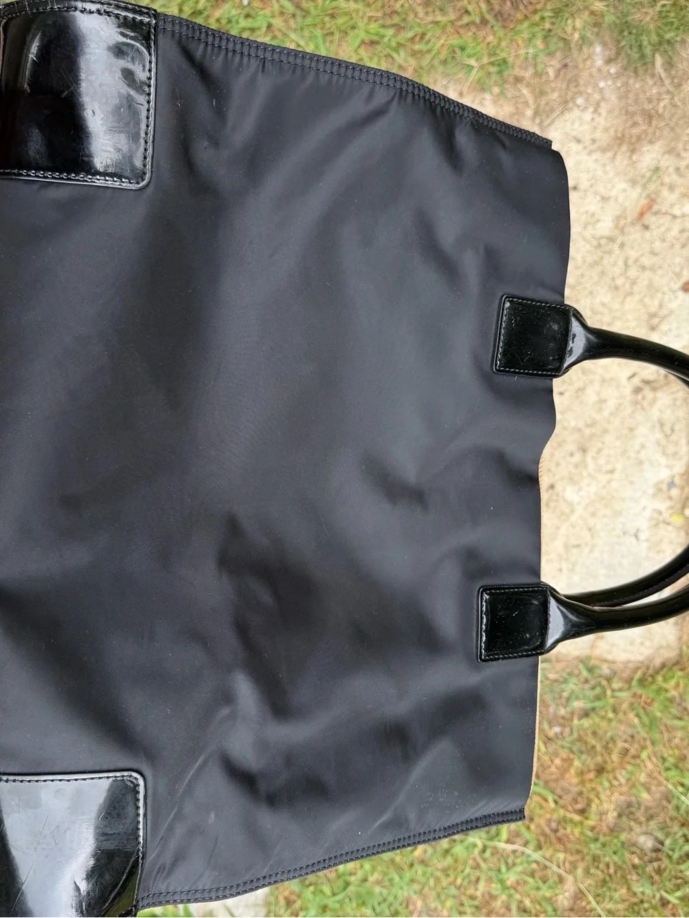 Tory Burch Large Nylon expandable Black Patent Trim Logo Tote